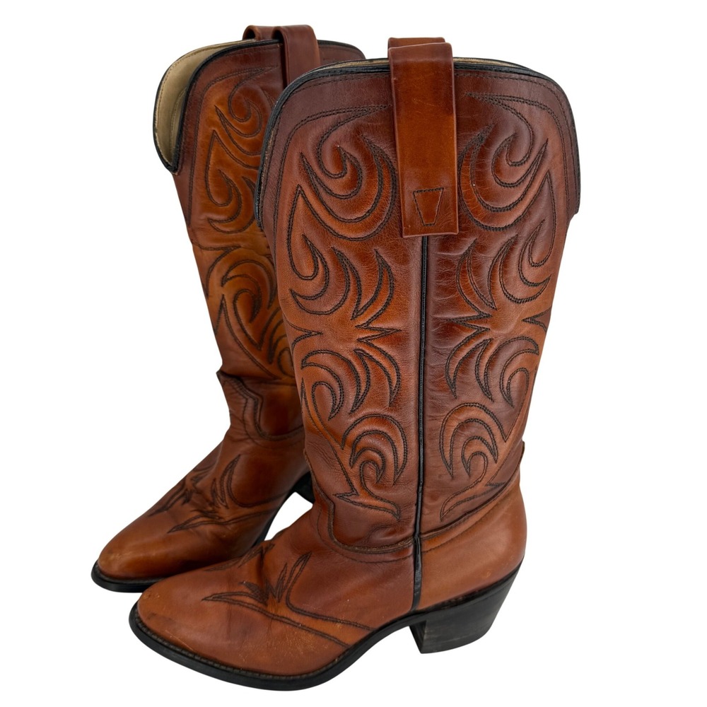 Texas Brand Vintage Western Cowboy Boots Cognac‎ Brown Leather Cowgirl USA 5.5M